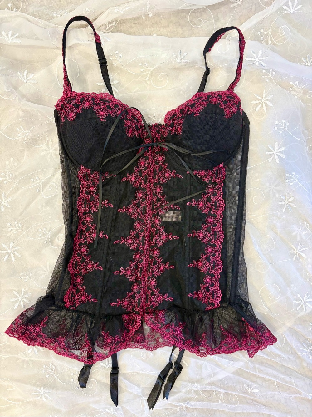 Y2K Black & Fuchsia Lace Bustier Babydoll Lingerie Top
